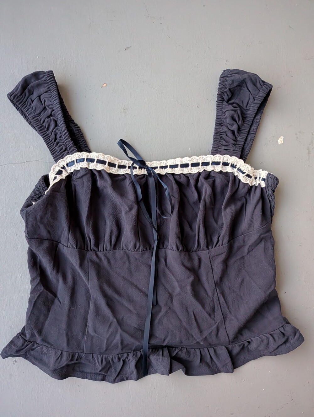 New Sienna Sky Navy Camisole with Creamy White Crochet Trim + Ribbon Size M